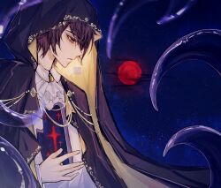 Rule 34 | 1boy, black cloak, black hair, brown eyes, chinese commentary, cloak, commentary request, cstj77, full moon, hand on own stomach, highres, hollow body, hood, hooded cloak, klein moretti, looking down, lord of the mysteries, male focus, moon, nail, necktie, night, night sky, red moon, red star, shirt, sky, solo, star (symbol), tentacles, watermark, white necktie, white shirt, yellow gemstone