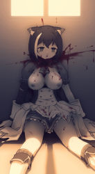Rule 34 | 1girl, animal ears, artist request, black hair, blood, breasts, cat ears, corpse, death, empty eyes, female focus, guro, highres, karyl (princess connect!), mu-wolfmkii, nipples, princess connect!, slit throat, solo