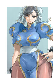 Rule 34 | 1girl, artist name, black hair, blue background, bracelet, breasts, brown eyes, bun cover, capcom, china dress, chinese clothes, chun-li, closed mouth, commentary request, double bun, dress, earrings, gold trim, gradient background, hair bun, hair ornament, hand on own hip, highres, jewelry, light smile, lips, medium breasts, nao32, pantyhose, pelvic curtain, puffy short sleeves, puffy sleeves, short sleeves, signature, spiked bracelet, spikes, street fighter, street fighter ii (series), turtleneck