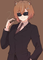 Rule 34 | 1girl, absurdres, alternate costume, animal ears, ayunda risu, black jacket, blazer, breasts, brown background, brown hair, brown necktie, buttons, cigar, formal, hair between eyes, hand in pocket, highres, hitozche, holding, holding cigar, hololive, hololive indonesia, jacket, long sleeves, mafia, medium breasts, necktie, short hair, smile, smoke, solo, squirrel ears, squirrel girl, suit, sunglasses, upper body, virtual youtuber