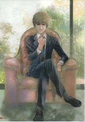 Rule 34 | amuro ray, chair, crossed legs, formal, gundam, highres, male focus, mikimoto haruhiko, official art, sitting, solo, suit, zeta gundam