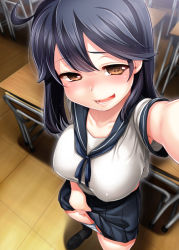 Rule 34 | 10s, 1girl, ahoge, armpit peek, black hair, blush, breasts, brown eyes, check commentary, clothes lift, commentary request, female focus, hijiri tsukasa, kantai collection, large breasts, long hair, looking at viewer, open mouth, panties, panty pull, reaching, reaching towards viewer, school uniform, selfie, serafuku, skirt, skirt lift, smile, solo, underwear, ushio (kancolle), white panties