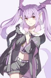 Rule 34 | 1girl, arknights, cloak, commentary, fur-trimmed cloak, fur trim, hair ornament, hairclip, head wings, highres, jacket, long hair, manticore (arknights), navel, orange eyes, parted lips, pointy ears, purple hair, shorts, solo, twintails, vhdtyzusixc7fai, wings