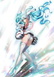Rule 34 | 1girl, aqua eyes, aqua hair, armpits, arms up, ass, boots, breasts, clothing cutout, elbow gloves, full body, gloves, goodsmile company, goodsmile racing, hatsune miku, long hair, medium breasts, panties, pantyshot, race queen, racing miku, racing miku (2014), solo, standing, thigh boots, thighhighs, twintails, underboob cutout, underwear, upskirt, vocaloid, white footwear, white panties, white thighhighs, yd (orange maru)