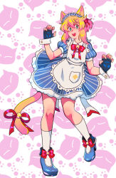 Rule 34 | 1boy, alternate costume, animal ears, apron, aqua eyes, bell, black gloves, blonde hair, bow, bridget (guilty gear), cat boy, cat ears, cat tail, claw pose, cuffs, dress, fingerless gloves, frilled apron, frilled dress, frills, full body, gloves, guilty gear, guilty gear strive, highres, jingle bell, kitsune23star, looking at viewer, male focus, open mouth, puffy short sleeves, puffy sleeves, red bow, short hair with long locks, short sleeves, standing, striped clothes, striped dress, tail, trap, white apron