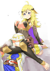 Rule 34 | 1boy, 1girl, absurdres, ahoge, barefoot, blonde hair, blue eyes, blush, breasts, bridal gauntlets, cape, circlet, commission, commissioner upload, feet, fire emblem, fire emblem fates, fire emblem heroes, full body, hair ornament, head between thighs, highres, igni tion, jewelry, kiran (fire emblem), kiran (male) (fire emblem), large breasts, nintendo, ophelia (fire emblem), revision, scissorhold, smile, thighhighs, toes, turtleneck