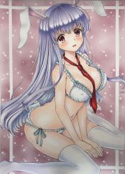 Rule 34 | 1girl, absurdres, animal ears, ass, between breasts, blush, breasts, cleavage, collarbone, commentary, commentary request, covered erect nipples, frilled panties, frills, highres, large breasts, light purple hair, long hair, looking at viewer, marker (medium), mikeko (user zntg7852), navel, necktie, panties, purple hair, rabbit ears, rabbit girl, rabbit tail, red eyes, red necktie, reisen udongein inaba, sitting, solo, tail, thighhighs, touhou, traditional media, underwear, underwear only, very long hair, wariza, white thighhighs