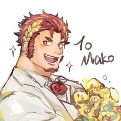 Rule 34 | 1boy, alternate costume, bad id, bad twitter id, bara, blush, bouquet, claude (housamo), close-up, dress, facial hair, flower, formal, goatee, highres, laurel crown, long sideburns, looking at viewer, male focus, open mouth, portrait, red hair, sdz (inazuma), short hair, sideburns, sketch, smile, solo, suit, tokyo houkago summoners, wedding, wedding dress, white suit