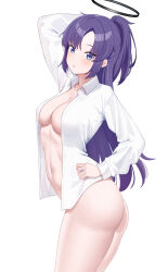 Rule 34 | 1girl, :o, absurdres, ailae, arm up, ass, blue archive, bottomless, breasts, cleavage, halo, hand on own hip, highres, large breasts, long hair, looking at viewer, naked shirt, navel, open clothes, open shirt, purple eyes, purple hair, shirt, simple background, solo, standing, stomach, twisted torso, very long hair, white background, white shirt, yuuka (blue archive)