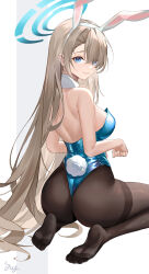 Rule 34 | 1girl, absurdly long hair, absurdres, animal ears, ass, asuna (blue archive), asuna (bunny) (blue archive), backless leotard, bare shoulders, black pantyhose, blue archive, blue eyes, blue halo, blue leotard, breasts, closed mouth, commentary, detached collar, eyes visible through hair, fake animal ears, fake tail, feet, from behind, hair over one eye, halo, highres, large breasts, leotard, light brown hair, long hair, looking at viewer, looking back, no shoes, official alternate costume, pantyhose, playboy bunny, rabbit ears, rabbit tail, seiza, signature, simple background, sitting, smile, soles, solo, strapless, strapless leotard, swept bangs, tail, tang (user hspk4357), thighband pantyhose, thong leotard, toes, very long hair, white background