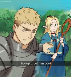 Rule 34 | 1boy, 1girl, armor, blonde hair, blue capelet, blue robe, capelet, choker, commentary, drooling, dungeon meshi, elf, english commentary, english text, full armor, holding, holding staff, laios touden, let him cook (meme), light brown hair, long hair, looking at another, marcille donato, meme, outdoors, pointy ears, red choker, robe, short hair, snapchat, staff, standing, sweatdrop, wallace pires