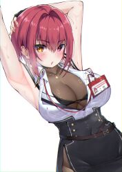 Rule 34 | 1girl, absurdres, armpits, arms up, black gloves, black skirt, blush, bodystocking, breasts, cleavage, collared shirt, earrings, fingerless gloves, gloves, heart, heart necklace, heterochromia, highres, himeliofon, hololive, houshou marine, houshou marine (businesswoman), id card, jewelry, large breasts, lips, looking at viewer, necklace, office lady, open mouth, pantyhose, red eyes, red hair, see-through, see-through cleavage, shirt, short hair, side slit, simple background, skirt, sleeveless, solo, sweat, virtual youtuber, white background, yellow eyes