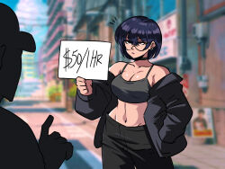 Rule 34 | 1boy, 1girl, ^^^, bare shoulders, black choker, black hair, black jacket, black pants, blurry, blurry background, breasts, choker, cleavage, closed mouth, collarbone, expressionless, glasses, highres, holding, holding paper, jacket, large breasts, medium breasts, midriff, navel, original, pants, paper, prostitution, short hair, solo focus, tank top, tina fate