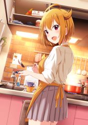 Rule 34 | 1girl, absurdres, ahoge, apron, bad id, bad pixiv id, blush, brick wall, brown hair, cabinet, commentary, cooking, highres, ibuki tsubasa, idolmaster, idolmaster million live!, indoors, kitchen hood, ladle, light, looking at viewer, looking back, md5 mismatch, miniskirt, open mouth, orange apron, pot, resolution mismatch, short hair, sink, siokazunoko, skirt, smile, solo, stove