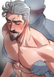Rule 34 | 2boys, abs, absurdres, bara, beard, blush, facial hair, goatee, grabbing, grabbing from behind, grey hair, highres, king magnifico, large pectorals, looking back, male focus, mature male, multiple boys, muscular, muscular male, nipple stimulation, nipple tweak, nipples, nude, pectorals, robe, solo focus, sweat, textless version, thick beard, thick eyebrows, thick mustache, tobo katsuo, torogao, upper body, very sweaty, white robe, wish (disney), yaoi