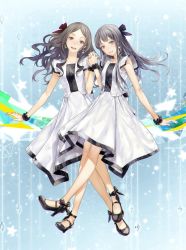 Rule 34 | 2girls, :d, ankle ribbon, black hair, brown eyes, brown hair, claris (group), dress, earrings, grey eyes, grey hair, hair ribbon, high heels, holding hands, jewelry, leg ribbon, long hair, mary janes, multiple girls, official art, open mouth, redjuice, ribbon, shoes, smile