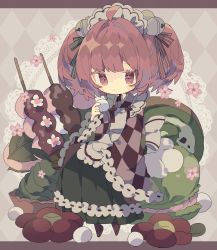 Rule 34 | 1girl, bell, brown eyes, closed mouth, flower, frilled sleeves, frills, full body, hair bell, hair ornament, highres, jingle bell, long sleeves, motoori kosuzu, nikorashi-ka, one-hour drawing challenge, red flower, red hair, short hair, solo, touhou, twintails, wide sleeves