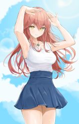 Rule 34 | 1girl, armpits, arms up, bare arms, bare shoulders, blue skirt, blue sky, borrowed character, breasts, chaesu, cloud, commentary, cowboy shot, day, highres, jewelry, liliya (kaetzchen), long hair, medium breasts, miniskirt, necklace, original, outdoors, pink hair, pleated skirt, shirt, skirt, sky, sleeveless, sleeveless shirt, solo, standing, symbol-only commentary, thighs, very long hair, white shirt, yellow eyes