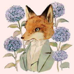 Rule 34 | 1boy, animal, animal focus, bell lumiere, blue flower, bow, bowtie, closed mouth, commentary, dress shirt, english commentary, flower, formal, fox, green eyes, green jacket, green vest, high collar, highres, hydrangea, jacket, no humans, original, pink background, portrait, shirt, simple background, slit pupils, solo, suit, tono (rt0no), vest, white bow, white bowtie, white shirt