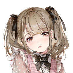 Rule 34 | 1girl, absurdres, almic, black ribbon, brown eyes, buckle, floating hair, hair ribbon, head tilt, highres, long hair, looking at viewer, original, pink shirt, portrait, ribbon, shirt, silver hair, simple background, solo, twintails, watermark, white background