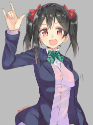 Rule 34 | 10s, 1girl, :d, alternate breast size, artist name, black hair, blazer, blush, bow, bowtie, breasts, cardigan, female focus, green bow, green bowtie, grey background, hair bow, hair ornament, hand up, highres, impossible clothes, impossible shirt, isshiki (ffmania7), jacket, large breasts, long sleeves, looking at viewer, love live!, love live! school idol project, m/, motion lines, open mouth, otonokizaka school uniform, red bow, red eyes, school uniform, shirt, simple background, smile, solo, striped bow, striped bowtie, striped clothes, striped neckwear, sweater, twintails, twitter username, upper body, white shirt, yazawa nico