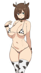 Rule 34 | 1girl, animal ears, animal print, bare shoulders, bell, bikini, breasts, brown hair, collar, collarbone, cow ears, cow girl, cow horns, cow print, green eyes, hair between eyes, hand up, highres, horns, houtengeki, large breasts, looking at viewer, navel, neck bell, open mouth, original, print bikini, print thighhighs, short hair, simple background, solo, stomach, string bikini, swimsuit, thighhighs, white background