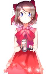 Rule 34 | 10s, 1girl, alternate costume, bare arms, blue eyes, bow, bowtie, camcorder, collared dress, commentary request, dress, eyebrows, hair ribbon, highres, looking at viewer, love live!, love live! sunshine!!, poligon (046), red bow, red bowtie, ribbon, short hair, simple background, solo, video camera, watanabe you, white background