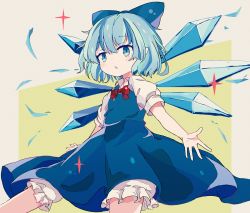 Rule 34 | 1girl, ar (maeus), bloomers, blue bow, blue dress, blue hair, blush, bow, bowtie, cirno, collared shirt, commentary, dress, english commentary, green background, grey background, hair between eyes, hair bow, ice, ice wings, looking at viewer, open mouth, pointy ears, puffy short sleeves, puffy sleeves, red bow, red bowtie, shirt, short hair, short sleeves, solo, standing, star (symbol), touhou, underwear, white shirt, wings