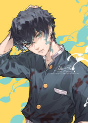 Rule 34 | 1boy, alternate hair length, alternate hairstyle, artist name, bishounen, black hair, black jacket, blood, blood on clothes, blood on face, blue eyes, blue hair, facebook username, facial mark, gradient hair, hand on own head, hand up, high collar, jacket, kimetsu no yaiba, looking at viewer, male focus, manfung, multicolored hair, parted lips, short hair, solo, tokitou muichirou, two-tone hair, upper body