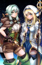 Rule 34 | 2girls, arrow (projectile), belt, black belt, black bow, black gloves, black legwear, blonde hair, blue eyes, blush, boots, bow, breasts, brown hood, brown shorts, capelet, commentary request, dress, elf, fantasy, feet out of frame, gloves, goblin slayer!, green eyes, green hair, hair between eyes, hair bow, hand on own hip, hat, high elf archer (goblin slayer!), highres, holding, holding staff, hood, ichiren takushou, knife, long hair, long sleeves, looking at viewer, medium breasts, multiple girls, night, night sky, pointy ears, priestess (goblin slayer!), shorts, sidelocks, sky, sleeveless, small breasts, smile, staff, standing, thigh boots, thighhighs, weapon, white legwear, wide sleeves