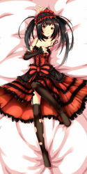 Rule 34 | 10s, 1girl, armpits, black hair, black thighhighs, breasts, cleavage, date a live, detached sleeves, duong, garter straps, hairband, heterochromia, highres, lolita hairband, long hair, looking at viewer, lying, on back, red eyes, solo, thighhighs, tokisaki kurumi, torn clothes, torn thighhighs, yellow eyes