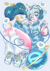 Rule 34 | 1girl, :3, :d, bandaid, bandaid on cheek, bandaid on face, bandaid on nose, blue eyes, blue hair, blush, chips (food), controller, food, game controller, hair ribbon, hairband, heart, hogooneesan, internet explorer, jacket, knees up, lolita hairband, looking at viewer, loose socks, no pants, open mouth, original, pointing, pointing at viewer, potato chips, ribbon, shoes, short hair, sleeves past wrists, smile, sneakers, socks, solo, track jacket, two side up