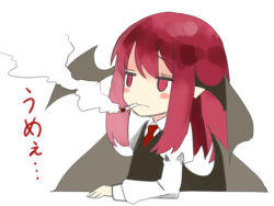 Rule 34 | 1girl, :|, arm rest, bat wings, blush stickers, chibi, cigarette, closed mouth, dress shirt, expressionless, head wings, highres, jitome, juliet sleeves, koakuma, long hair, long sleeves, low wings, nagata nagato, necktie, puffy sleeves, red eyes, red hair, red necktie, shirt, sidelocks, simple background, sketch, smoke, smoking, solo, touhou, translation request, vest, white background, white shirt, wings