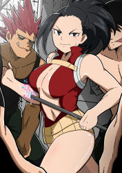 Rule 34 | absurdres, asymmetrical hair, bare arms, bare shoulders, black eyes, black hair, boku no hero academia, breasts, cleavage, closed mouth, forehead, highres, imminent gangbang, imminent rape, indoors, leotard, licking lips, mark gavatino, matching hair/eyes, medium breasts, multiple boys, navel, ponytail, rape face, red hair, red leotard, surrounded, sweat, thighs, tongue, tongue out, yaoyorozu momo