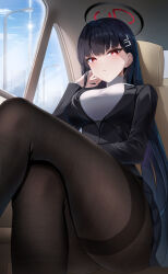 Rule 34 | 1girl, absurdres, black hair, black pantyhose, black skirt, blue archive, breasts, bright pupils, crossed legs, feet out of frame, hair ornament, hairpin, halo, highres, large breasts, li se, long hair, long sleeves, looking at viewer, pantyhose, red eyes, ribbed sweater, rio (blue archive), skirt, solo, sweater, turtleneck, turtleneck sweater, white pupils, white sweater