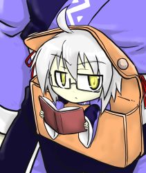 Rule 34 | 2boys, ahoge, bad id, bad nicoseiga id, book, chibi, dual persona, futa (nabezoko), glasses, in container, jitome, looking at viewer, male focus, morichika rinnosuke, multiple boys, pouch, short hair, silver hair, touhou, wide sleeves, yellow eyes