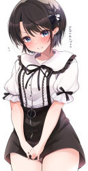 Rule 34 | 1girl, angry, black neck ribbon, black skirt, blouse, blue eyes, blush, braid, brown hair, center frills, collared shirt, commentary request, cowboy shot, embarrassed, french braid, frilled shirt, frilled skirt, frills, fujisaki hikari, high-waist skirt, highres, hololive, looking at viewer, miniskirt, neck ribbon, oozora subaru, puffy short sleeves, puffy sleeves, ribbon, shirt, short hair, short sleeves, simple background, skirt, solo, suspender skirt, suspenders, swept bangs, translation request, v arms, virtual youtuber, white background, white shirt