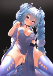 Rule 34 | 1girl, absurdres, alternate costume, bare shoulders, bed sheet, black background, black gloves, blue choker, blue dress, blue eyes, blue hair, blue thighhighs, braid, breasts, breasts apart, china dress, chinese clothes, choker, clothing cutout, covered navel, detached sleeves, dress, girls&#039; frontline, gloves, gluteal fold, gmkj, gold trim, groin, hair ornament, half gloves, highres, kneeling, long hair, looking at viewer, no panties, no shoes, off shoulder, pa-15 (alluring larkspur) (girls&#039; frontline), pa-15 (girls&#039; frontline), pelvic curtain, pom pom (clothes), quad braids, side cutout, simple background, sleeveless, sleeveless dress, small breasts, solo, thighhighs, twintails, very long hair