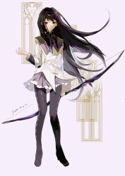Rule 34 | absurdres, akemi homura, argyle, argyle clothes, argyle legwear, arm at side, black eyes, black hair, black hairband, boots, bow (weapon), bright pupils, capelet, chinese commentary, collared capelet, commentary request, dated, expressionless, floating hair, full body, gem, hairband, hand up, highres, holding, holding bow (weapon), holding weapon, jacket, long hair, long sleeves, looking at viewer, mahou shoujo madoka magica, mahou shoujo madoka magica (anime), mixed-language commentary, neck ribbon, pink background, purple capelet, purple footwear, purple gemstone, purple ribbon, purple skirt, red pupils, ribbon, signature, simple background, skirt, standing, thigh boots, weapon, white jacket, yetainai yetaishui