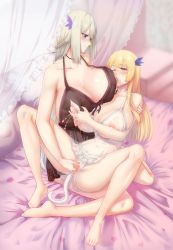 Rule 34 | anal tail, barefoot, bed, blonde hair, breast sucking, breasts, fake tail, fingering, highres, lactation, large breasts, lexington (warship girls r), lingerie, long hair, negligee, nippleless clothes, nipples, nude, nursing fingering, platinum blonde hair, pussy, saratoga (warship girls r), spread legs, spread pussy, tail, underwear, warship girls r, xiao shei.., yuri
