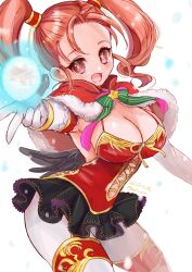 Rule 34 | 1girl, bare shoulders, blush, breasts, capelet, christmas, cleavage, divine bustier (dq), dragon quest, dragon quest viii, dress, earrings, elbow gloves, fur-trimmed capelet, fur trim, gloves, hat, highres, jessica albert, jewelry, large breasts, long hair, looking at viewer, open mouth, orange hair, sack, santa dress, simple background, skirt, smile, solo, thighhighs, twintails, urihara84, white background