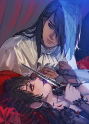 Rule 34 | 1boy, 1girl, black hair, blue eyes, breasts, butler, cleavage, collarbone, curtains, dagger, flower, hair over one eye, hide (hideout), highres, holding, holding dagger, holding hands, holding knife, holding weapon, indoors, knife, long hair, looking at another, lying, makeup, on back, original, parted lips, purple lips, red curtains, red eyes, red flower, see-through, smile, spider lily, weapon