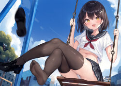 Rule 34 | 1girl, black footwear, blue sky, breasts, brown thighhighs, cloud, cloudy sky, commentary request, crossed bangs, crossed legs, day, dutch angle, eyelashes, fang, feet, full body, hair between eyes, hands up, highres, holding, legs, loafers, medium hair, miniskirt, motion blur, navel, neckerchief, no shoes, ochinsama, open mouth, original, outdoors, panties, partially visible vulva, pleated skirt, red neckerchief, school uniform, serafuku, shiny skin, shoes, short sleeves, sidelocks, single shoe, sitting, skirt, sky, small breasts, soles, solo, swing set, thighhighs, thighs, toes, underwear, white panties, yellow eyes