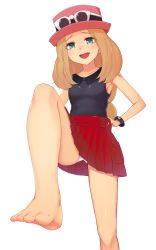 Rule 34 | 1girl, barefoot, black shirt, blonde hair, blouse, blue eyes, commentary request, creatures (company), feet, feet up, game freak, goggles, goggles on headwear, hat, highres, long hair, looking at viewer, masou, mega pokemon, mega ring, nintendo, open mouth, panties, pantyshot, pink headwear, pleated skirt, pokemon, pokemon xy, ponytail, red skirt, serena (pokemon), shirt, skirt, sleeveless, sleeveless shirt, standing, teeth, underwear, upper teeth only, white background, white panties