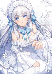Rule 34 | 1girl, bare shoulders, blue bow, blue eyes, blue nails, blurry, blurry background, blush, bow, breasts, cleavage, commentary request, coyucom, depth of field, detached sleeves, dress, flower, hand up, highres, juliet sleeves, long sleeves, looking at viewer, medium breasts, nail polish, original, puffy sleeves, sleeves past wrists, solo, strapless, strapless dress, striped, striped bow, white dress, white flower, white hair, white sleeves, white theme, wide sleeves