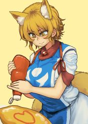 Rule 34 | 1girl, absurdres, animal ear fluff, animal ears, blonde hair, blush, bottle, breasts, chanta (ayatakaoisii), dress, extra ears, food, fox ears, fox tail, hair between eyes, heart, highres, holding, holding bottle, ketchup bottle, large breasts, light smile, looking down, multiple tails, omelet, omurice, short hair, simple background, slit pupils, smile, solo, standing, tabard, tail, tasuki, touhou, white dress, yakumo ran, yellow background, yellow eyes
