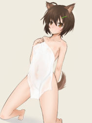 Rule 34 | 10s, 1girl, ahoge, animal ear fluff, animal ears, brave witches, brown eyes, brown hair, cat ears, covering privates, karibuchi hikari, kneeling, naked towel, nude cover, pyuu (the last assassins), see-through, sketch, smile, solo, strike witches, towel, white background, world witches series