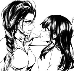 Rule 34 | 2girls, alternate costume, asymmetrical hair, blush, braid, breasts, closed mouth, collar, d.va (overwatch), eyebrows, eyelashes, facial mark, greyscale, long hair, looking at another, medium breasts, miya (zawarudo), monochrome, multiple girls, overwatch, overwatch 1, parted lips, shirt, simple background, single braid, sombra (overwatch), upper body, whisker markings, white background