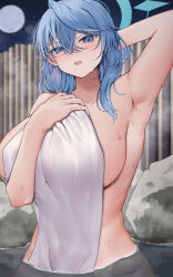 Rule 34 | 1girl, absurdres, ako (blue archive), arm behind head, arm up, armpits, bathing, blue archive, blue eyes, blue hair, blush, breasts, hair between eyes, halo, highres, large breasts, long hair, looking at viewer, onsen, open mouth, san (harutuki 3), sideboob, solo, towel, water