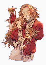 Rule 34 | 4girls, aerith gainsborough, bracelet, braid, brown hair, dress, closed eyes, final fantasy, final fantasy vii, final fantasy vii remake, flower, green eyes, hair down, highres, jacket, jewelry, laughing, lily (flower), long hair, multiple girls, own hands clasped, pink dress, red jacket, ribbon, sera (serappi), short hair, smelling flower, yellow flower